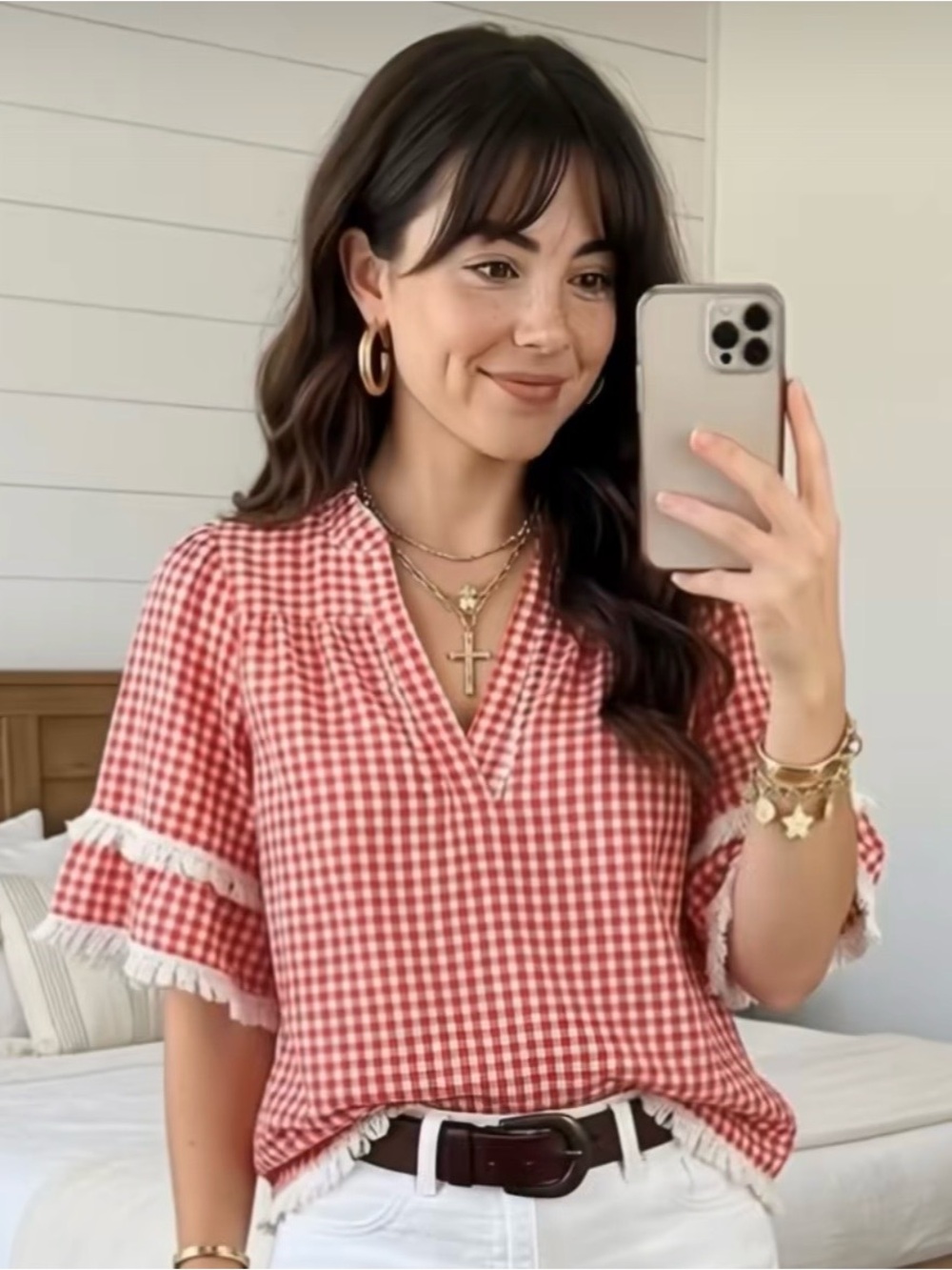 Gingham V-Neck Fringe Trim Blouse - Red XL